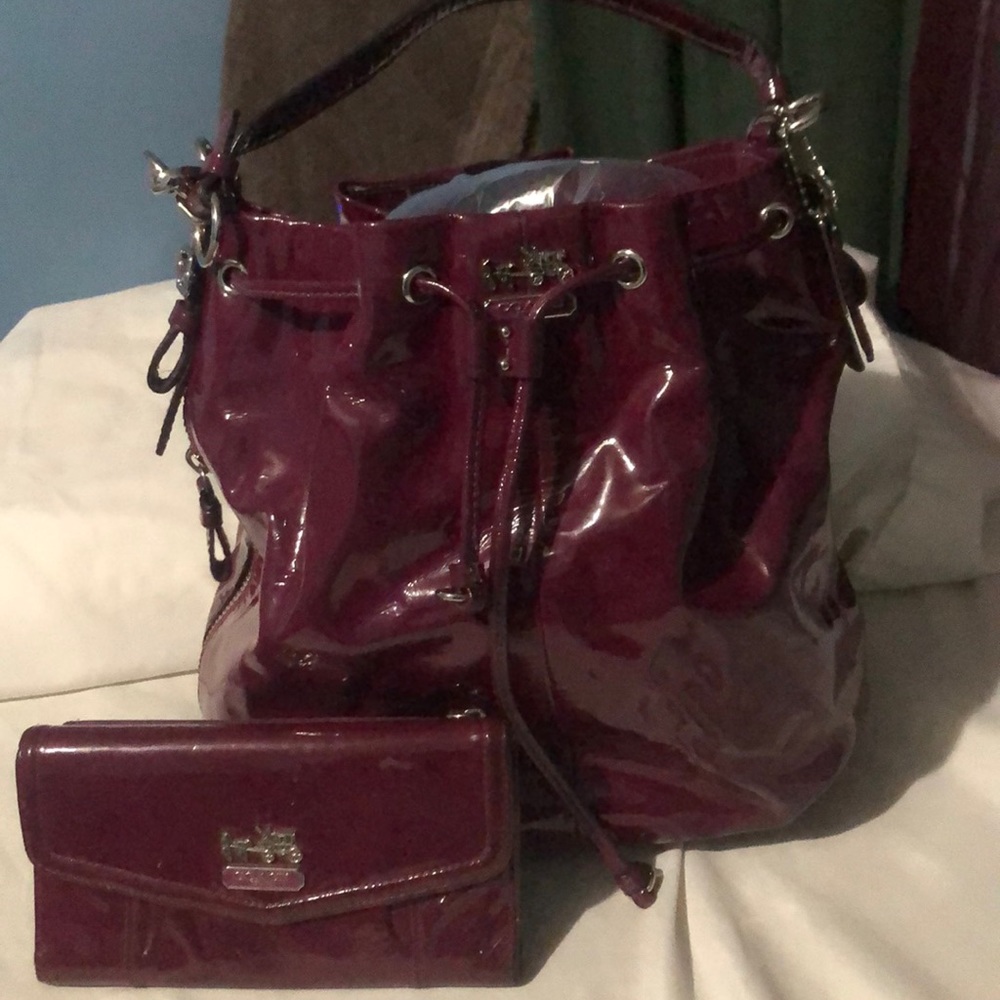 OG coach patent leather bucket bag and wallet